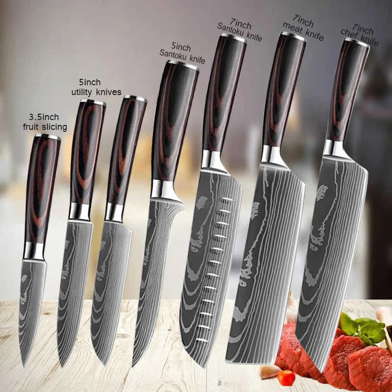 Damascus Japanese Kitchen Knife Set – Santoku, Cleaver, Slicing & Boning Stainless Steel Knives