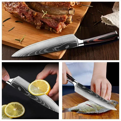 Damascus Japanese Kitchen Knife Set – Santoku, Cleaver, Slicing & Boning Stainless Steel Knives
