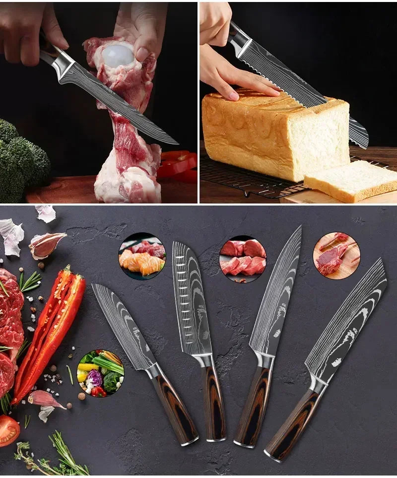 Damascus Japanese Kitchen Knife Set – Santoku, Cleaver, Slicing & Boning Stainless Steel Knives