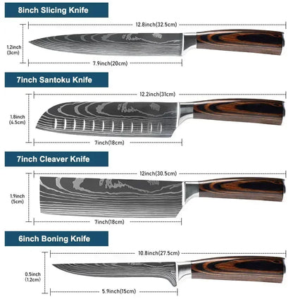 Damascus Japanese Kitchen Knife Set – Santoku, Cleaver, Slicing & Boning Stainless Steel Knives