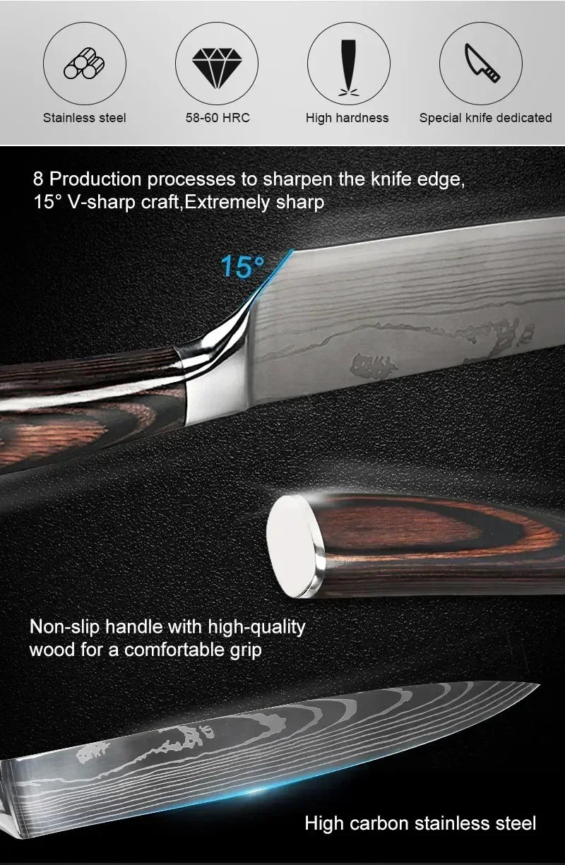 Damascus Japanese Kitchen Knife Set – Santoku, Cleaver, Slicing & Boning Stainless Steel Knives