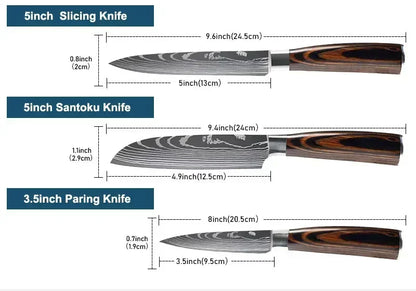 Damascus Japanese Kitchen Knife Set – Santoku, Cleaver, Slicing & Boning Stainless Steel Knives