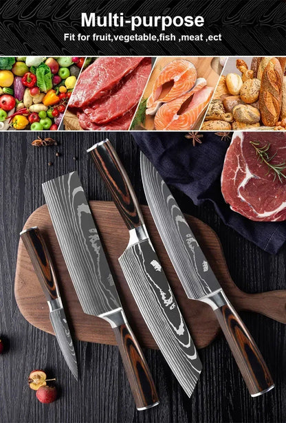 Damascus Japanese Kitchen Knife Set – Santoku, Cleaver, Slicing & Boning Stainless Steel Knives