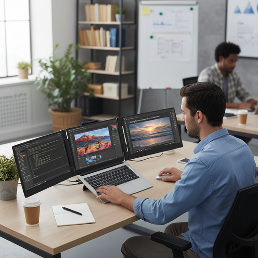 Man working at a desk with multiple computer monitors in an office setting.